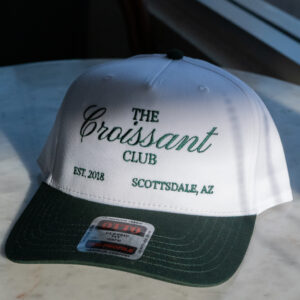 The Croissant Club Hat, white hat with green embroidery