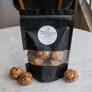 Our peanut butter chocolate chip energy bites are made with peanut butter, dark chocolate chips, oats, honey, and a pinch of sea salt. Gluten-free and free of processed sugars. *CONTAINS NUTS (PEANUT)*